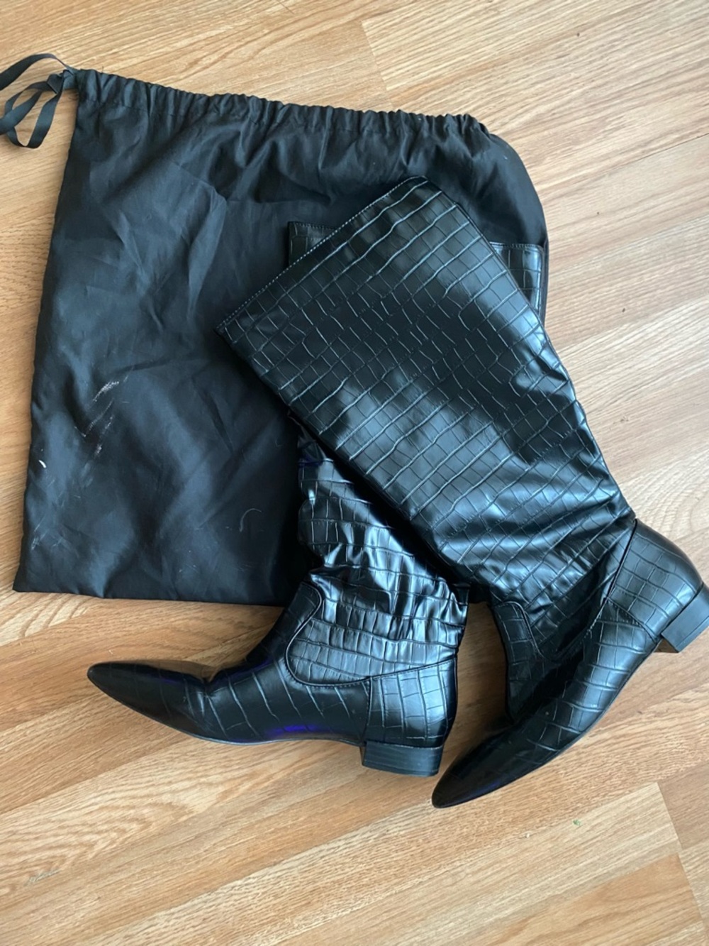 JustFab Black Croc-Embossed Knee-High Heeled Boots